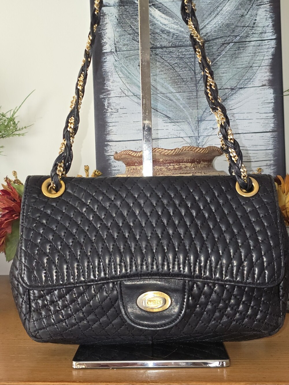 Bally Vintage Black Quilted Lambskin Shoudler Bag. Gold Chain And Leather Strap
